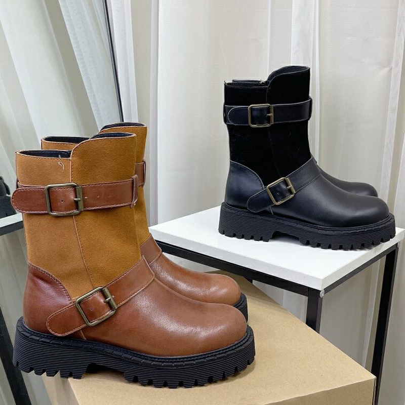

Designer winter new knight boots top layer oil wax cowhide women's short boots fashion thick-soled women's boots, Black