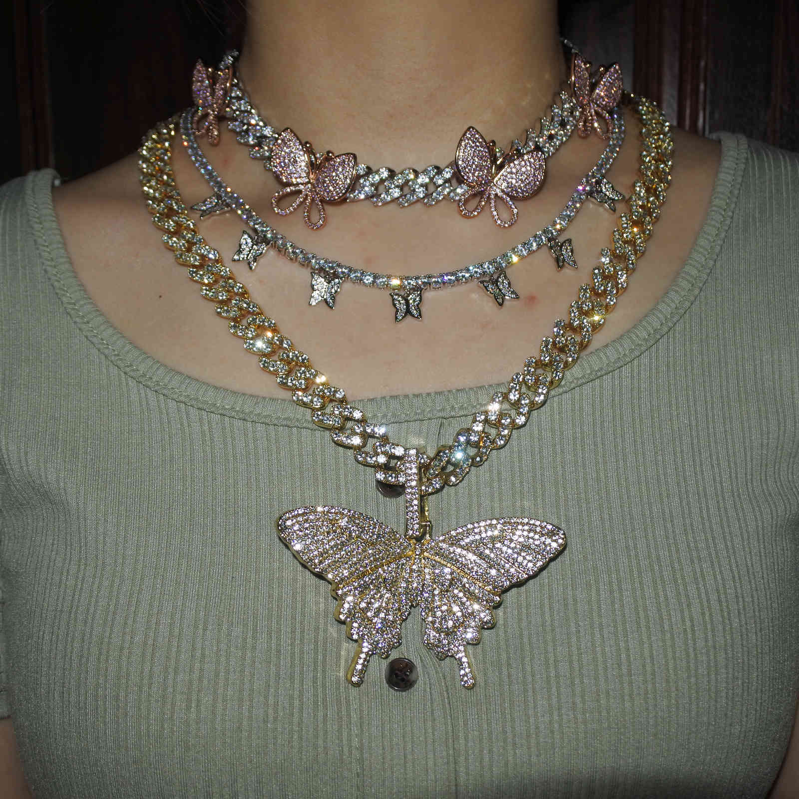 

Miami Cuban link chain spinning butterfly charm pendant choker men women hip hop CZ necklace iced out bling rap rock jewelry X0509