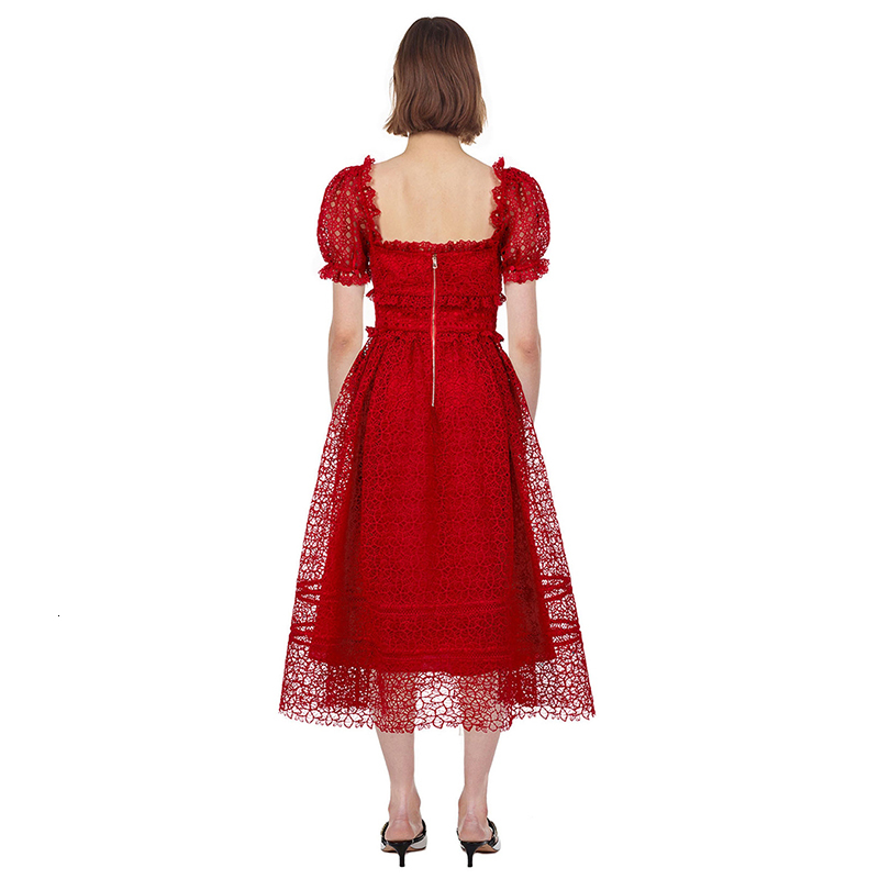 Casual Dresses Runway Summer New Self Portrait Women Square Collar Ruffles Long Puff Sleeve Hollow Out High Waist Holiday Party Dr-image-699496770