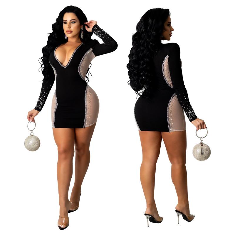 

Casual Dresses Cutubly Sexy Bodycon For Women Girls Long Sleeve Sheer Mesh Diamond Dress Deep V Neck Slim Fashion Club Party Vestidos, Black;gray