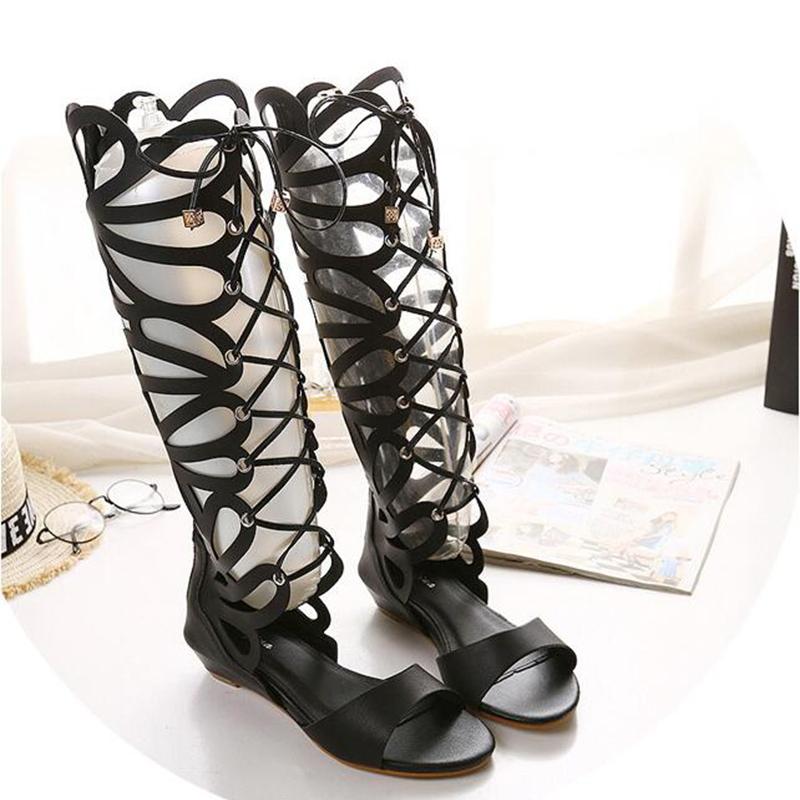 

Slippers Summer Roman Sandals Multiple Cross-Strap Tall Knee High Bondage Thong Nubuck Women Flip Flops Flat Size 35-40, Gold