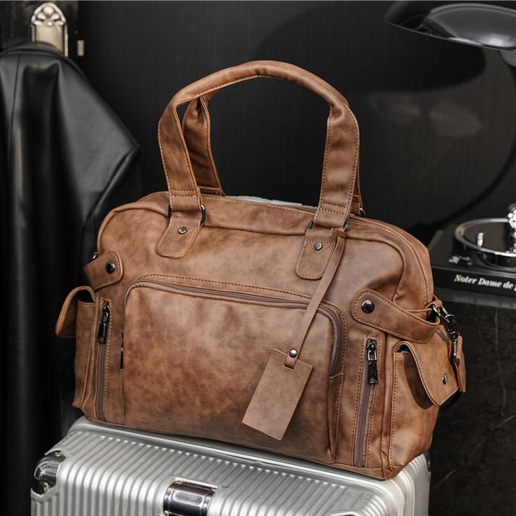 

Wholesale men leathers shoulder bags multifunctional pocket decoration business briefcase vintage frosted leather handbag large horizontal fashion travel bag, Gray