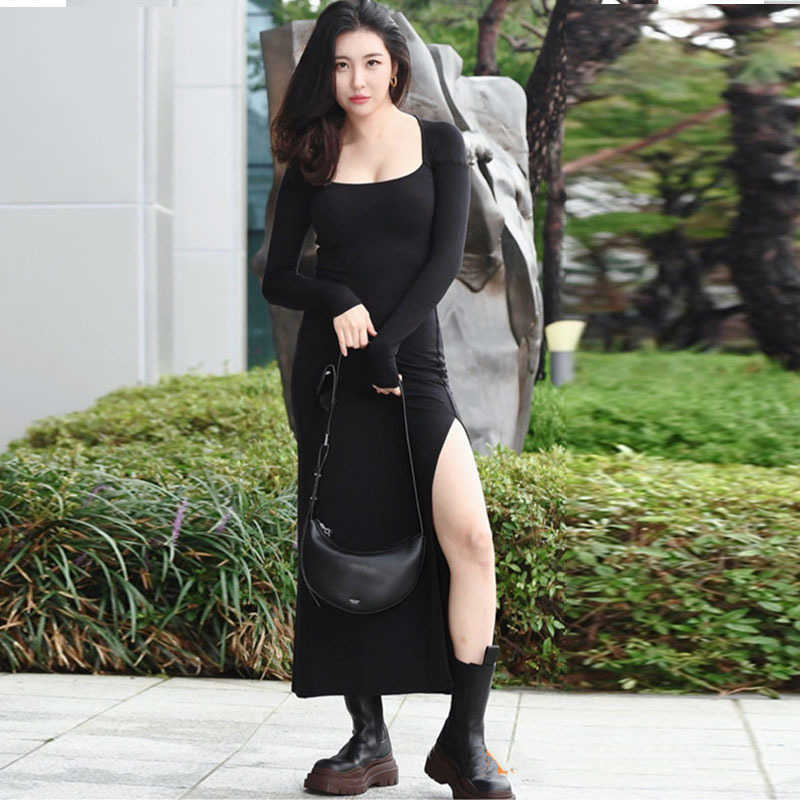 

WOMENGAGA Nightclub Sexy High Waist Long Sleeve Maxi Summer Party Dress Female Tight Slit Black Slim es Vintage 2SWM 210603