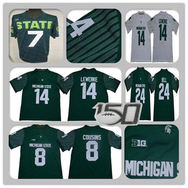 

Custom Ncaa College MSU Football Jersey Payton Thorne Kenneth Walker III Rocky Lombardi Brian Lewerke LJ Scott Kirk Cousins LeVeon Bell Connor Cook Stitched, Men green with 150th patch