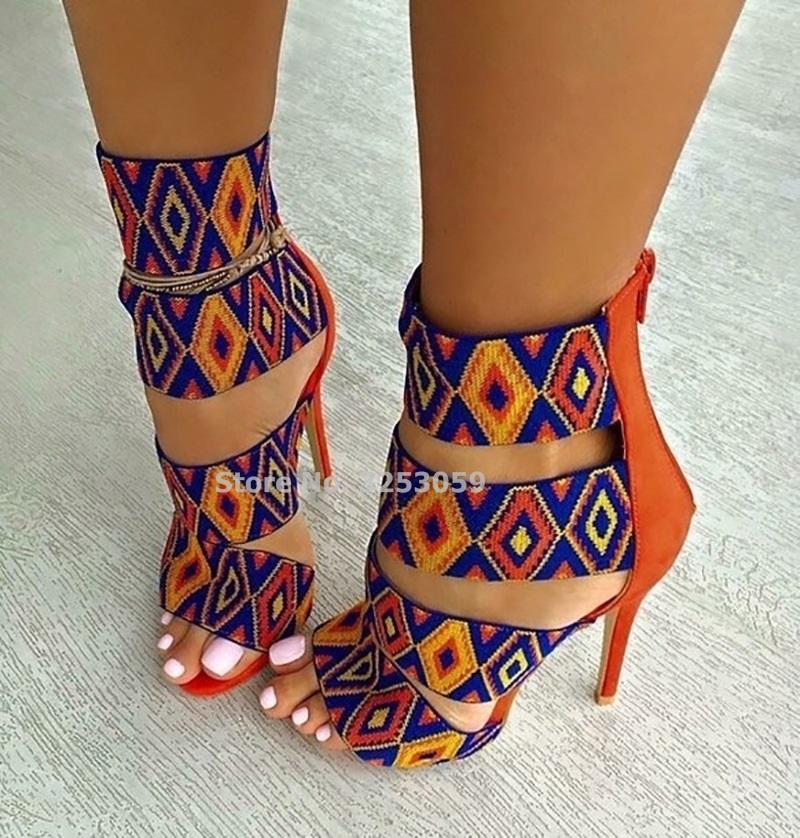 

Celebrity Bohemian Stylish Orange Geometric Pattern Sandals Retro Style Floral Dress Shoes Stiletto Heels Dropship, Black