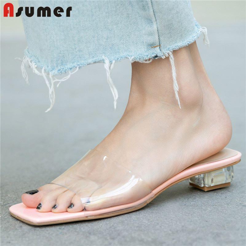 

Slippers ASUMER 2021 Transparent Pvc Women Slip On Square Heel Sweet Summer Shoes Female Casual Party Date Flip Flops, Black