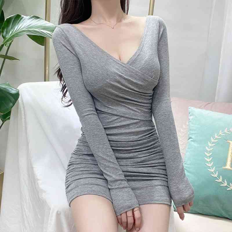 

WOMENGAGA Spring Summer Tops Sexy Korean Off Shoulder V-neck Short Mini Dress High Waist Dresses F9H6 210603, Gray
