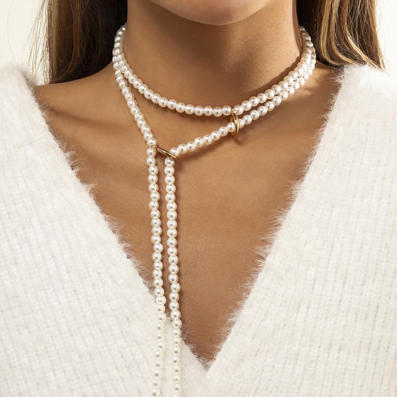 

Chokers Boho Multi Layered Imitation Pearl Choker Necklace Long Statement Collar Clavicle Necklaces Women Bridal Wedding Party Jewelry