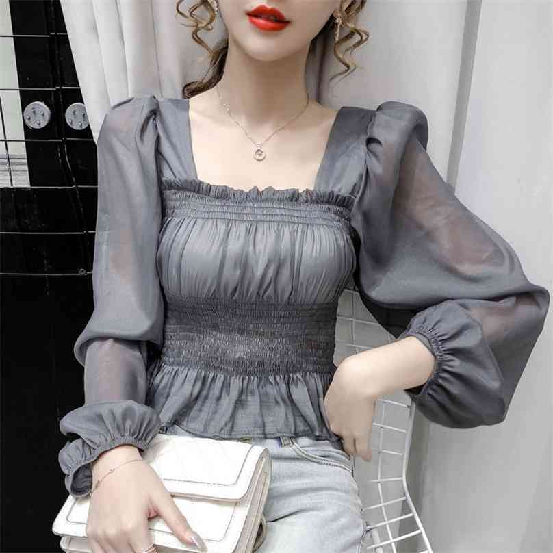 

Autumn Fashion Elegant Square Collar Long Sleeve Wooden Ear Long-Sleeved White Shirt Tops Women Blouse P025 210719
