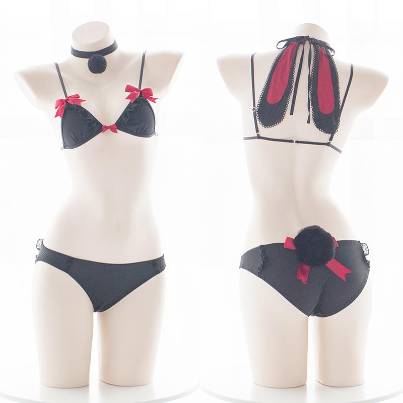 

Sexy Costumes Kawaii Black&White Japanese Underwear R Bikini Bra And With Ear Maid Costume Lingerie