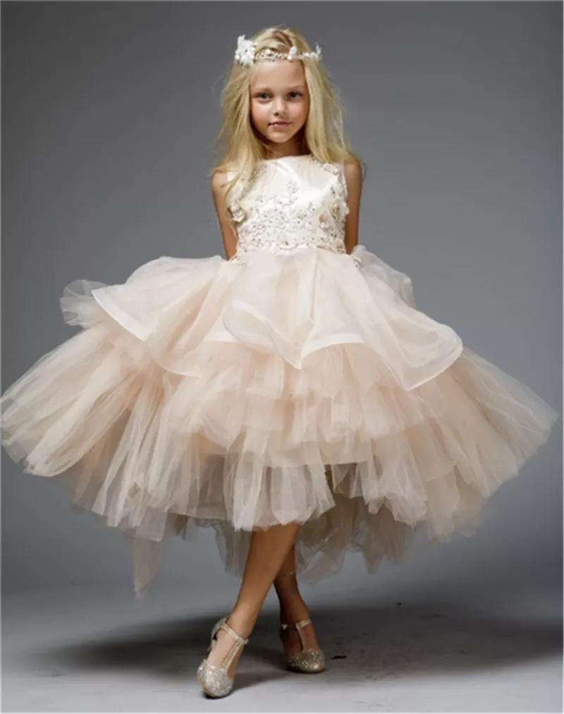 

Girl's Dresses Champagne Multi-Tiered Tulle Flower Girl Dress Princess Tea Length Pageant Gown Party Birthday With Ribbon 1-14Y, Green