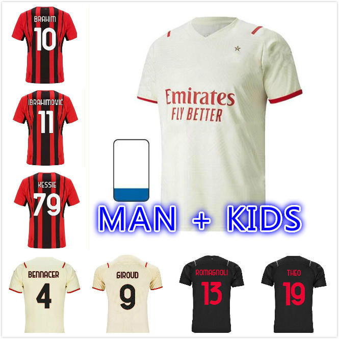 

man kids kit 21 22 AC milan home Soccer jerseys 2021 2022 BALR THEO away IBRAHIMOVIC TONALI Mandzukic Kessie Men football Training shirts, Black;yellow