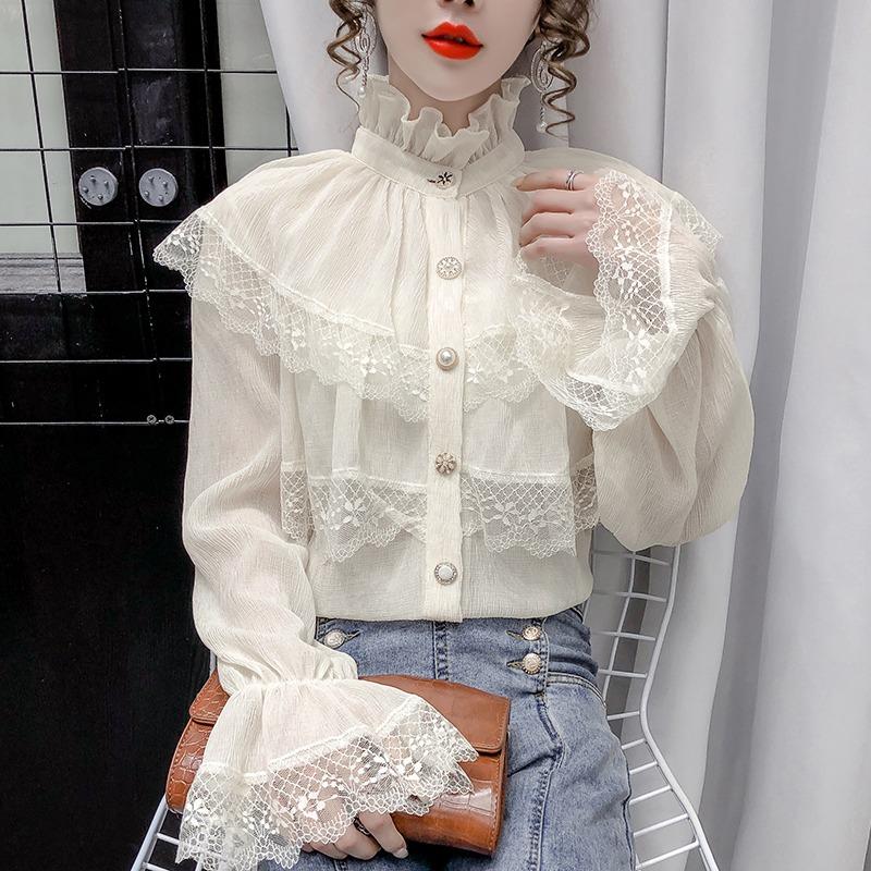

Flare Sleeve Stand Women' Clothing Spring Autumn Blouses Ruffles Chiffon Fashion Brand Lace-up Shirts Loose Ladies Tops, Black