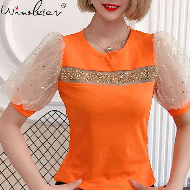 

Women's T-Shirt Summer European Style Cotton Loose Fashion Sexy Patchwork Beading Transparent Women Tops Shiny Tees 2021 T13918A Q, Light green