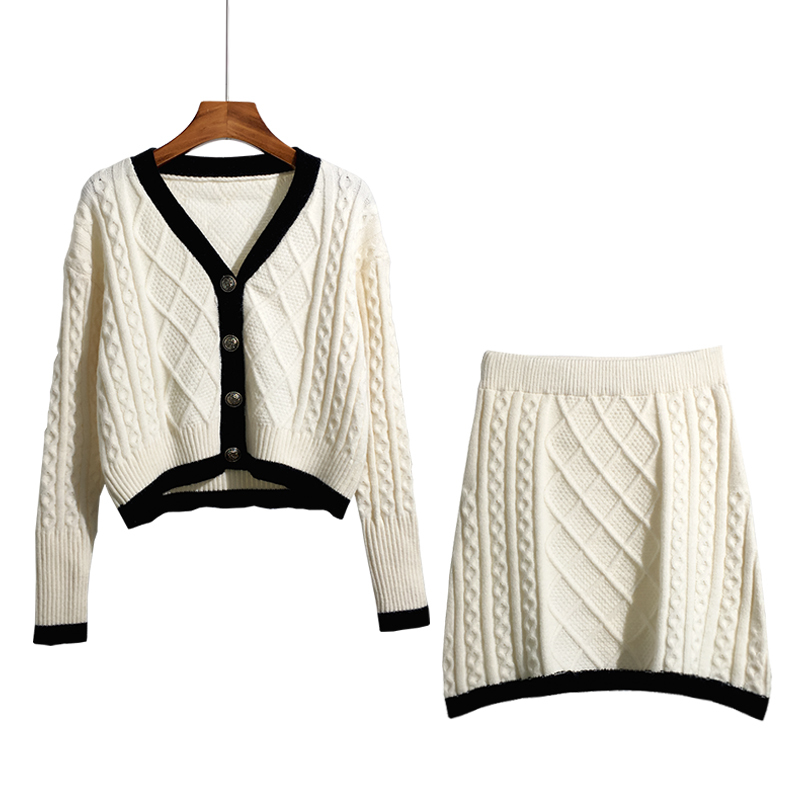 

Spring Women Fashion V-Neck Long Sleeve Single Breasted Sweater Elastic Waist Skirt Knitting Two Piece Set RD757 210525, White
