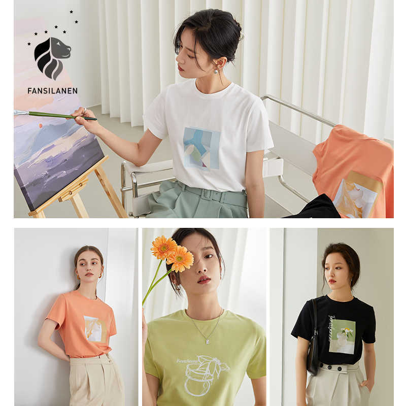 

FANSILANEN Office Lady 100% Cotton Short-sleeved Round Neck T-shirt Women Summer Oil Painting Simple Casual Tops 210607, Black
