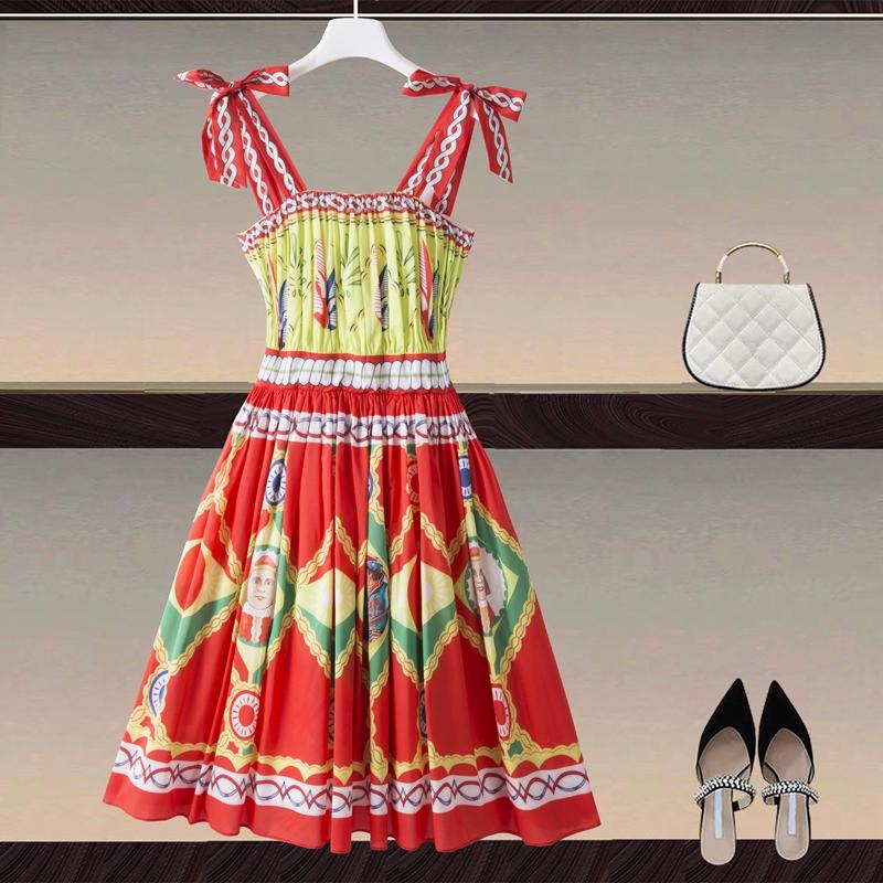 

Casual Dresses High Quality Women' Designer Bohemian Beach Summer Vacation Print Vintage Elegant Fashion Party Sexy Strap Dress, Multi
