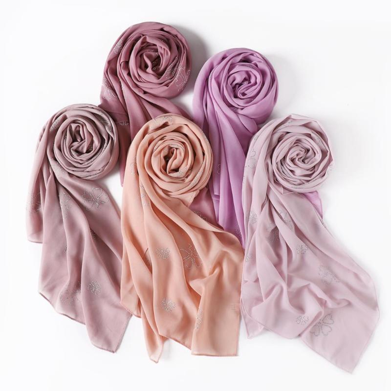 

Scarves High Quality Muslim Women's Flower Rhinestone Chiffon Hijab Scarf Shawl Wraps Islamic Headband Malaysia Headscarf 70x180cm