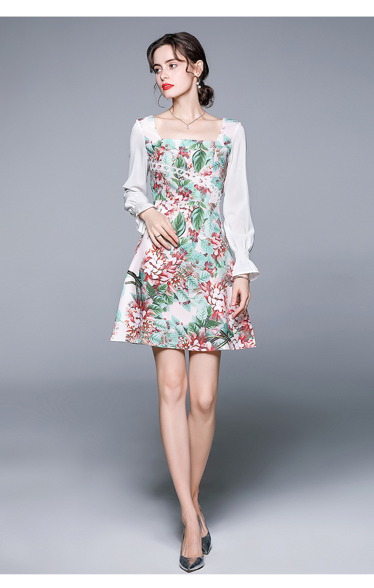 

waist-closing dress sqaure neck long flare sleeve sweets girl's printing dresses women's summer casual wear 2021, Black;gray