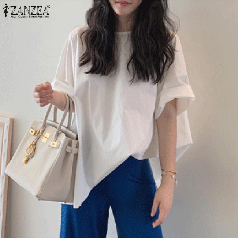 

Women's Blouses & Shirts Elegant Women Short Sleeve Shirt ZANZEA Fashion Summer Tops Casual O Neck Solid Blouse Ladies Work Blusas Loose Tun, White