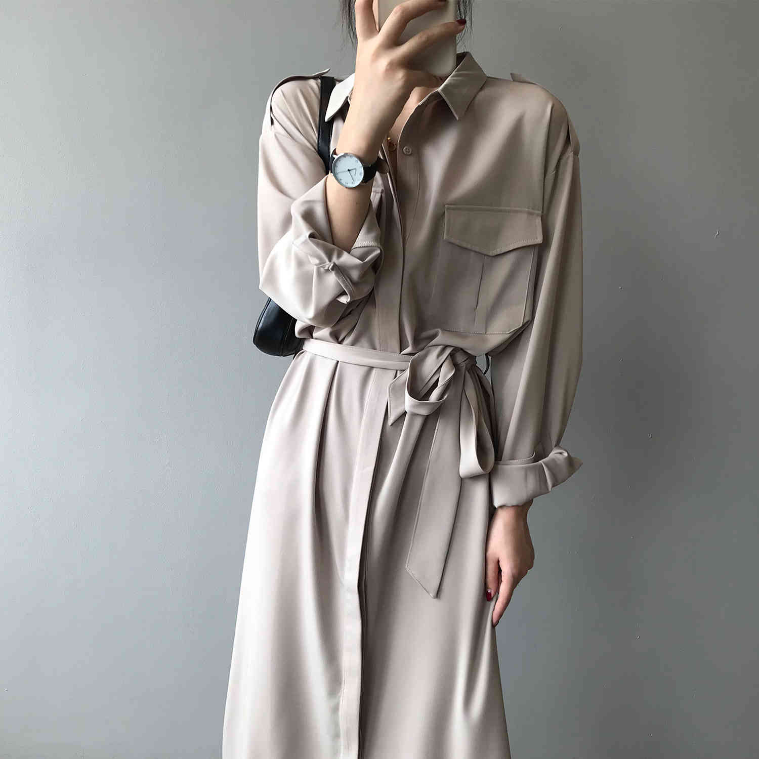 

Autumn Fashion Dress Women's Thin Temperament Shirt Skirt French Light Mature Style Over The Kness Long Female 210520, Dark grey