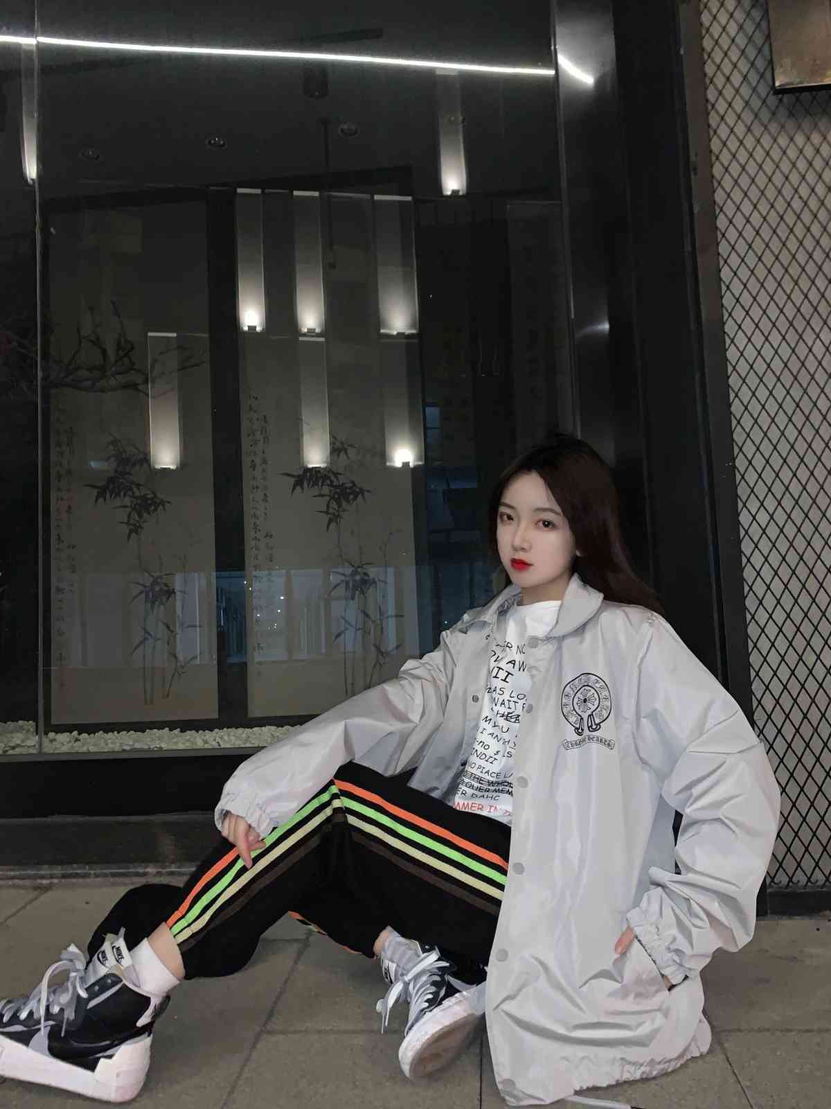 

Croxin chest back printed light dark dual color reflective stand collar coach jacket, Black;brown
