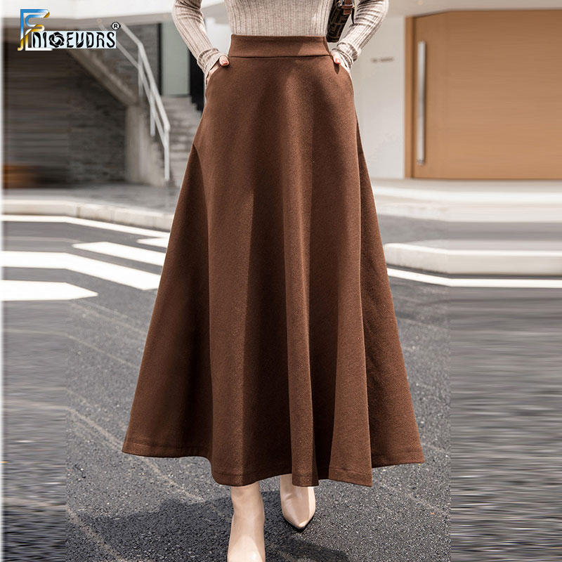 

A Line Winter Skirts Women Hot Warm Design Elegant Lady Office Long Skirt Plaid Printed Elastic High Waist Skirts Woolen S09, Black