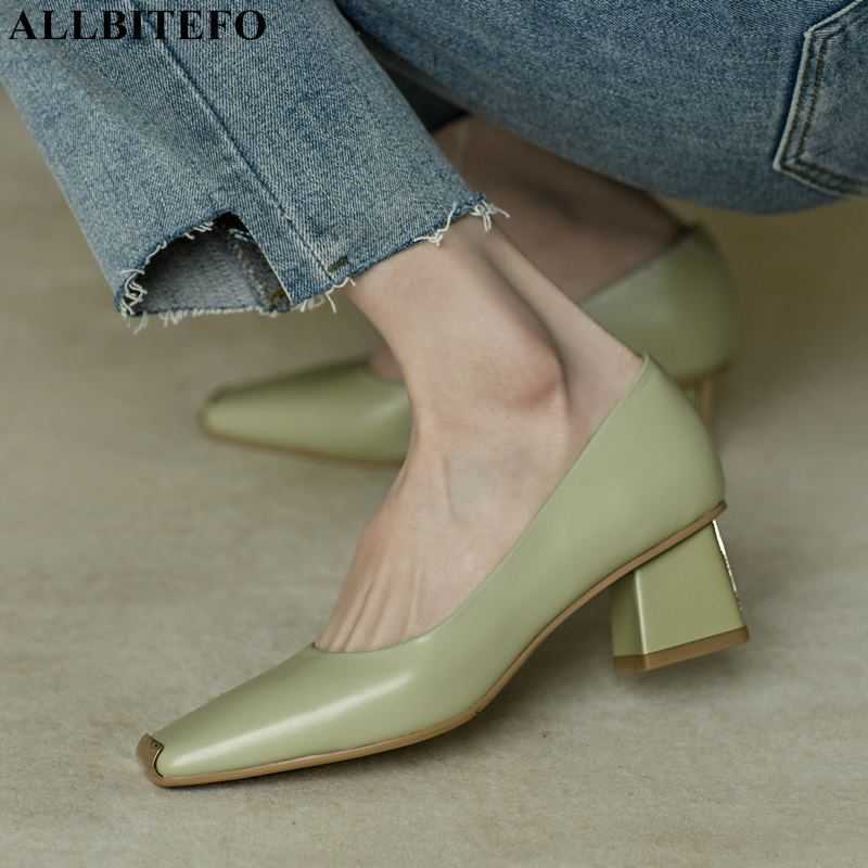 

ALLBITEFO Metal toe design genuine leather women heels shoes square toe fashion leisure high heels high heel shoes women pumps 210611, As picture