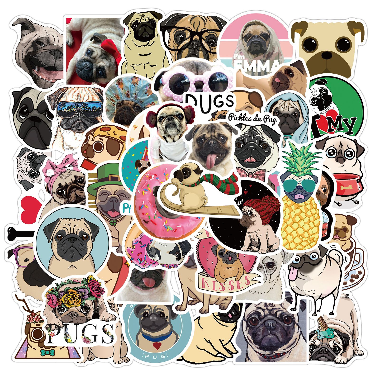 

50 PCS Mixed Lovely Pug Dogs kateboard Stickers For Car Laptop Fridge Helmet Pad Bicycle Bike Motorcycle PS4 book Guitar Pvc Decal, Multi colors