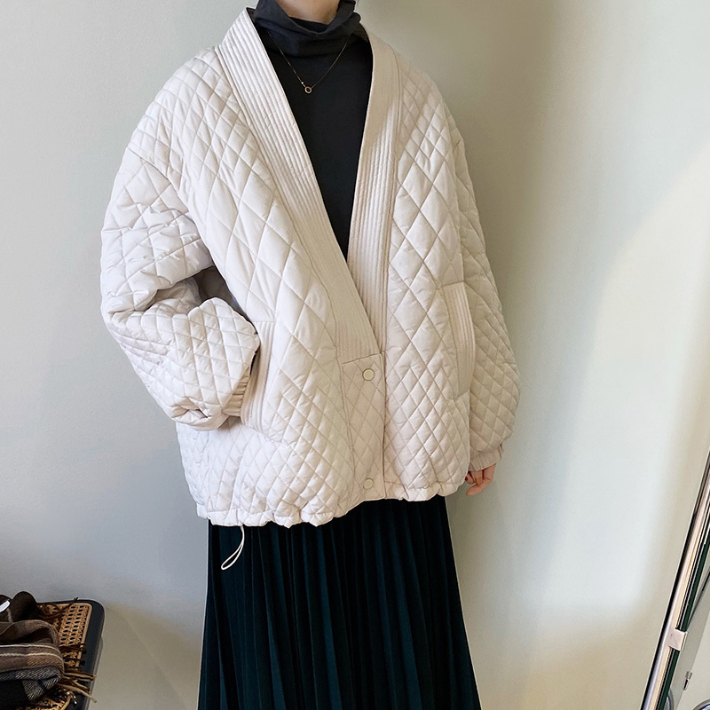 

Oversized V Neck Diamond Lattice Down Padded Jacket Women Autumn Winter Fashion Chic Warm Coat Female For All Match 210520, White