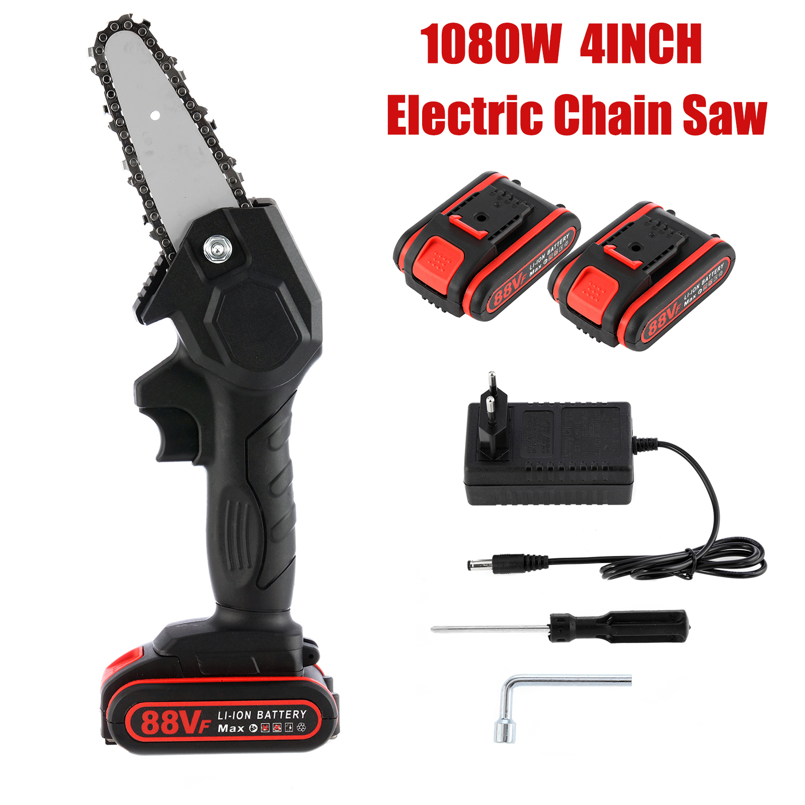 

1080W 4 Inch 88V Electric Pruning Chain Saw With 2pcs Battery Mini Woodworking Chainsaw Garden Logging Cutter Pruner Power Tools