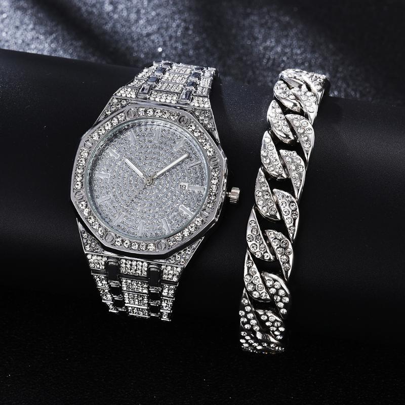 

Wristwatches Diamond Watch For Mens Top Brand Men Luxury Iced Out Gold Hip Hop Quartz Wristwatch Relogio Masculino Reloj, Slivery;brown