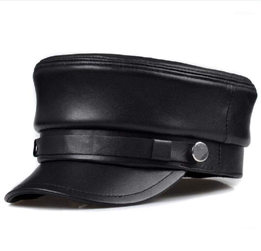 

Berets Korean Navy Cap Of Male And Female Students In Autumn Winter Fashion Retro Flat Hat Sheep Skin Leather, Gold button