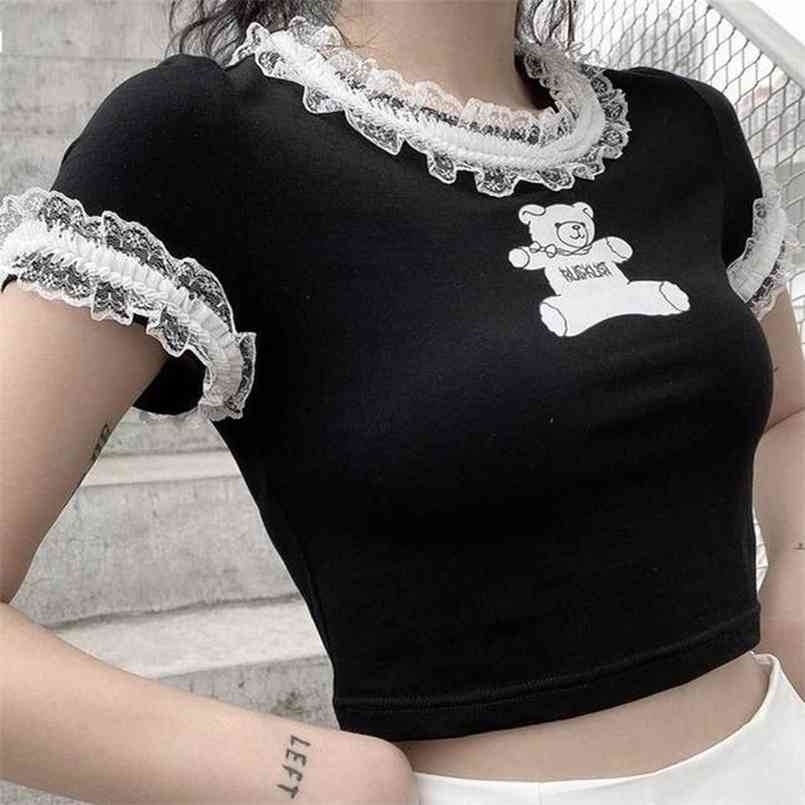 

Goth T Shirts Fashion Kpop Bear Print Graphic Summer E Girl Sexy Lace Crop op MINGLIUSILI Gothic Women Clothing 210708, Black