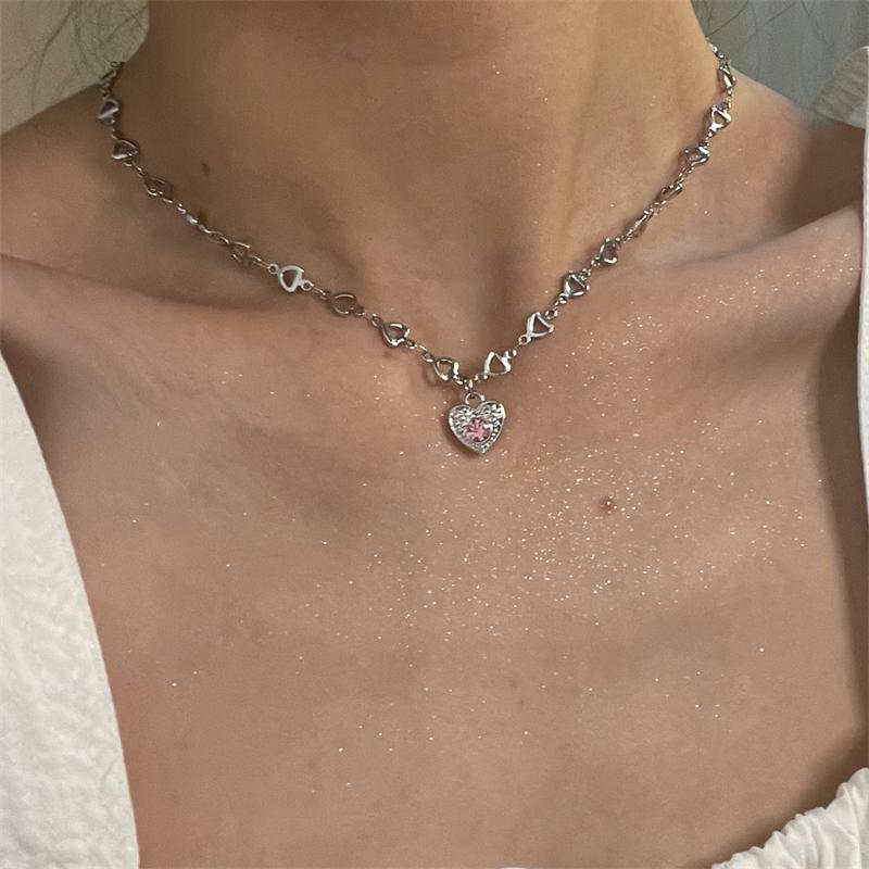 

pendant necklaces 2022 punk pink love heart short for women goth vintage fashion charm choker necklace y2k jewelry 90s gifts, Silver