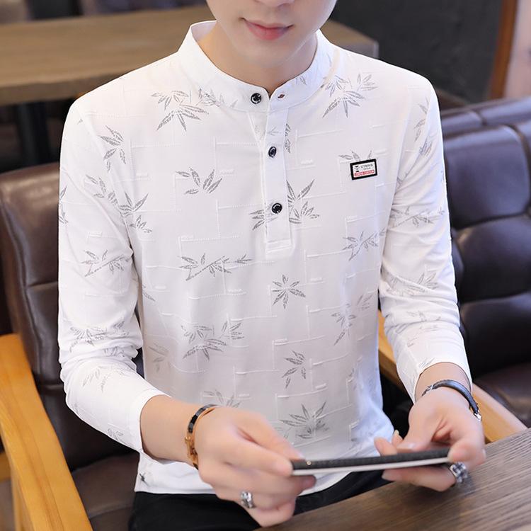 

T-shirt Male Long Sleeve Men's Shirt Stand-up Collar Cotton Autumn And Winter Men Casual Print T Shirts T-Shirts, Black