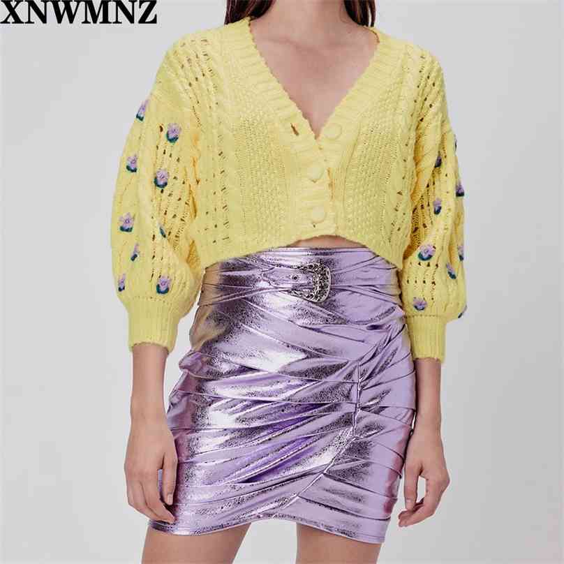 

Four seasons Women Fashion Sweaters Long Sleeve Embroidery V-Neck Hollow Out Female Yellow Short Ribbed Sweater High quality 210520, Black