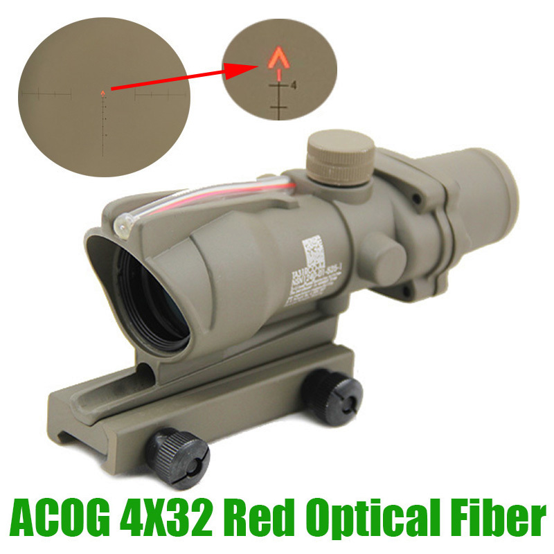 

Scope Hunting Rifle Acog 4x32 Fiber Optics Red Dot Illuminated Chevron Glass Etched Reticle Tactical Real Fiber Sight