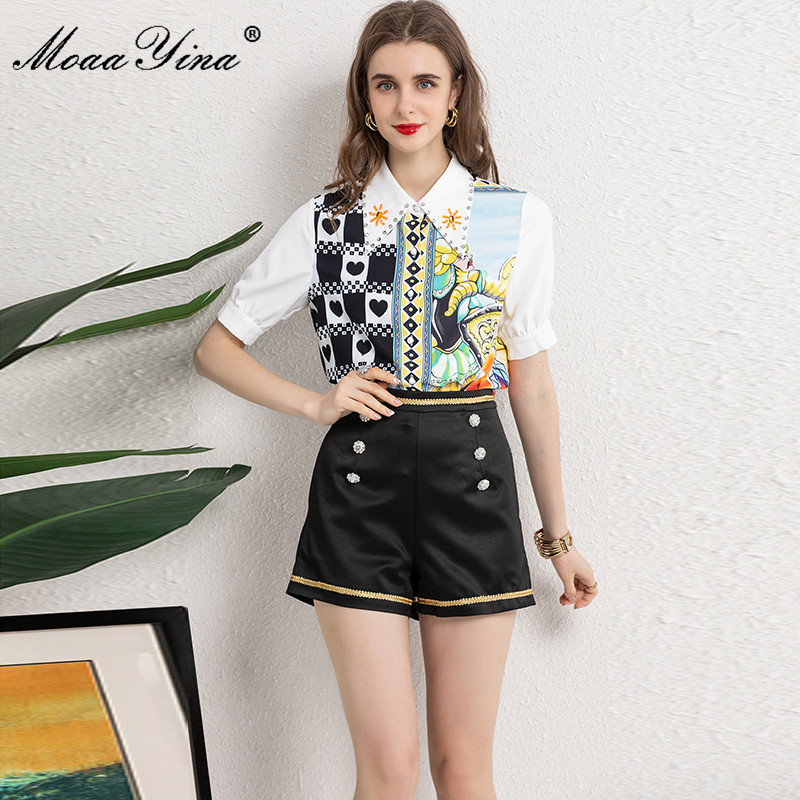 

Fashion Designer Summer Shorts Sets Women's Vintage Printed Shirts and High waist Black Two Pieces Suit 210524