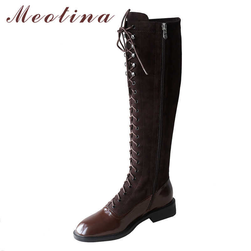 

Meotina Winter Knee High Boots Women Natural Genuine Leather Flat Long Boots Zipper Round Toe Shoes Ladies Autumn Size 34-39 210608, Black synthetic lini