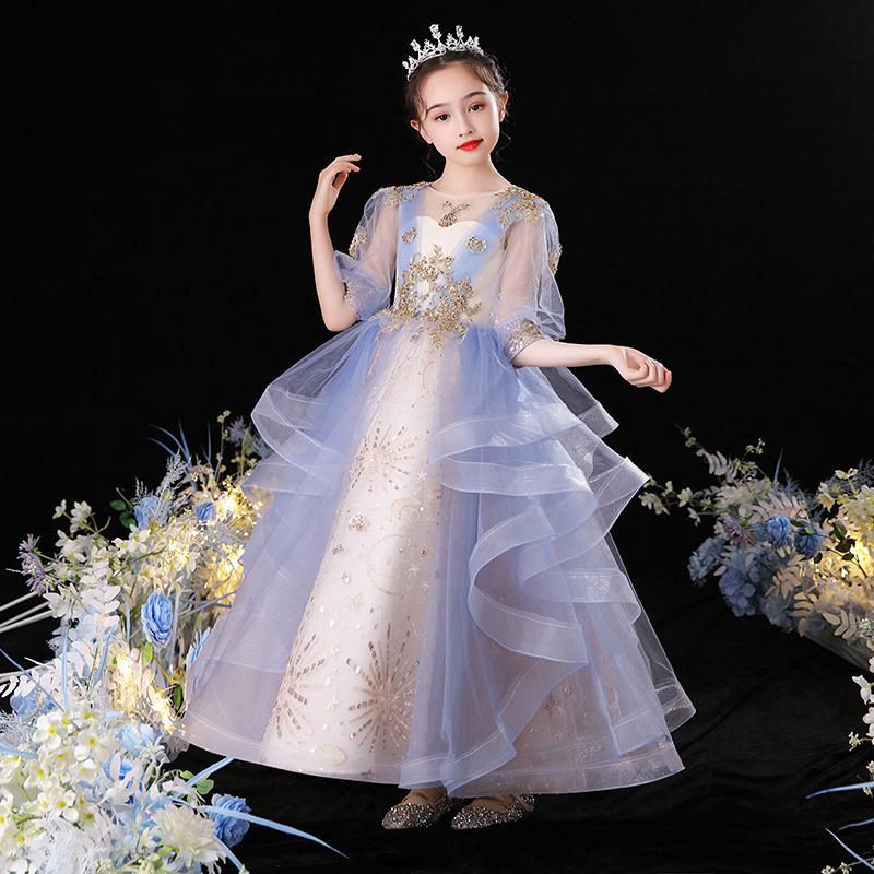 

Ethnic Clothing 2022 Girl Gown Kids Light Blue Exquisite Sequins Bling Dresses Princess Party Wedding Dress