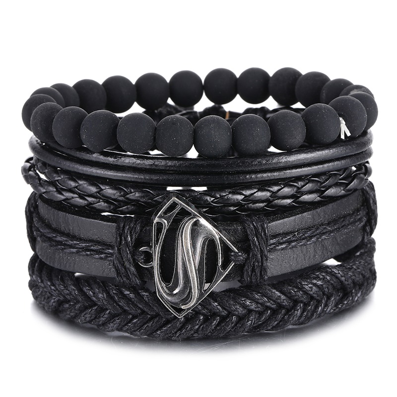 

Vintage Black Bead Bracelets For Men Fashion Hollow Triangle Leather Bracelet & Bangles Multilayer Wide Wrap Jewelry 2020
