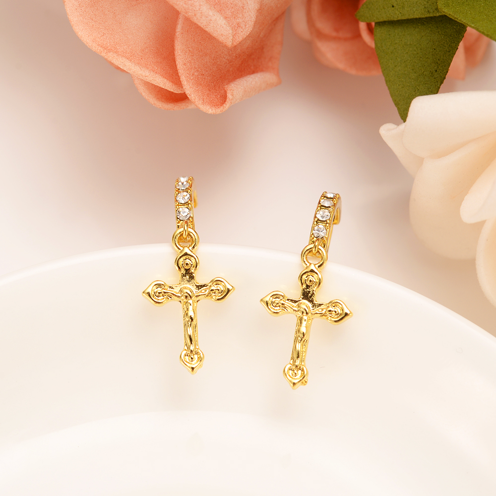 18 K Solid Fine Gold Earring Dangle & Chandelier CZ Charm knot Cross Earrings Women Girl Special Design Christian Jewelry Loyal Cool-image-678692144