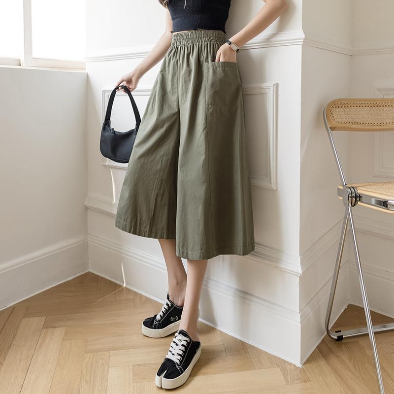 

Women' Pants & Capris Limiguyue Summer Korean Loose Women Elastic High Waist Wide Leg Hakama Casual Pocket Cropped Trousers Culottes K1957, Black