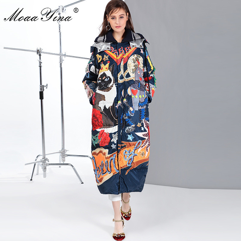 

luxury Runway Cartoon Print Long White Duck Down Jackets Coat Women Fashion Sleeve Winter Jacket Outwear 210524, Multi