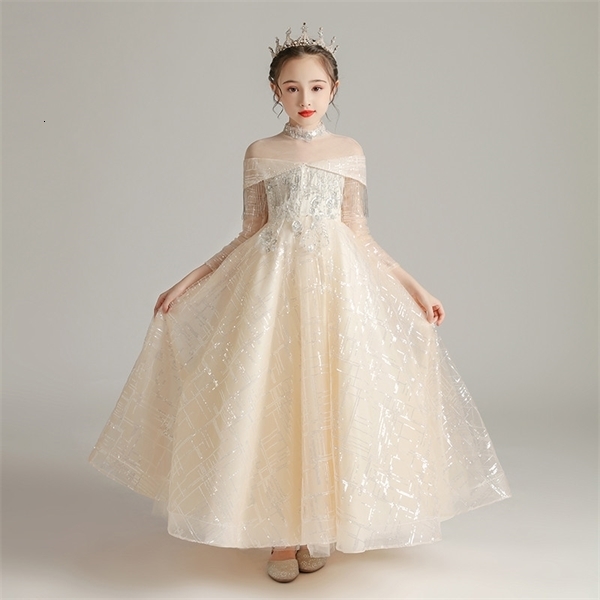 

Girl's Dresses Little Girls Kids Autumn Winter elegant Luxury New Tassel Design Long Sleeves Birthday Wedding Party Princess Ball Gown Dress 0924, Champagne long