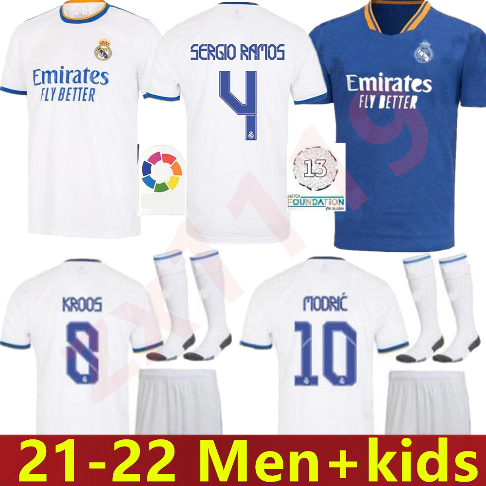 

REAL MADRID jerseys 21 22 soccer jersey HAZARD SERGIO RAMOS BENZEMA VINICIUS camiseta football shirt uniforms men + kids kit 2021 2022, Adult away+patch