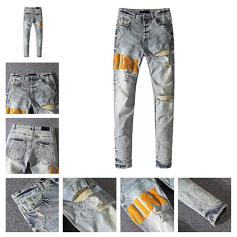 

2022 Hot Sell Mens jeans cashew flower print embroidered letters washed and made old casual slim-fit feet pants European and American fashion pleated cotton all-match, Blue