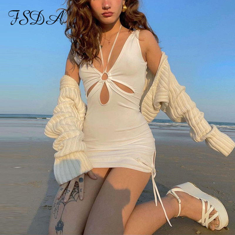 

2021summer backless bodycon dress women hollow out 2021 bandage mini sleeveless white black party y2k dresses beach, Black;gray