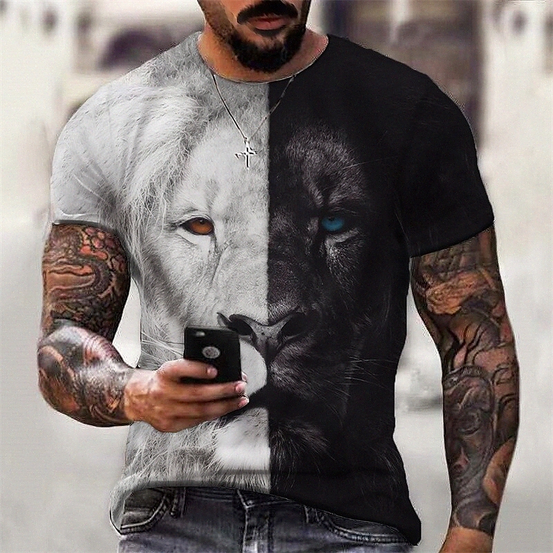 Men's T shirt 3D Print Graphic Lion Crew Neck Daily Sports Print Short Sleeve Tops Casual Classic Designer Big and Tall Black b3HH#
